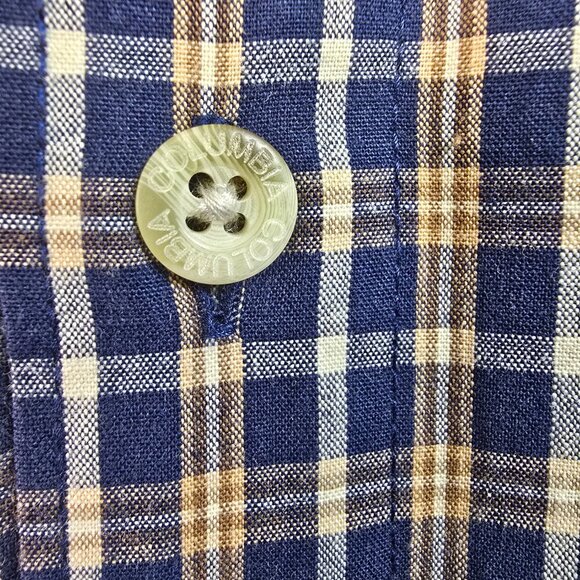 COLUMBIA MENS LONG SLEEVE PLAID BUTTON DOWN NAVY AND KHAKI PLAID SIZE LARGE EUC - Picture 3 of 8
